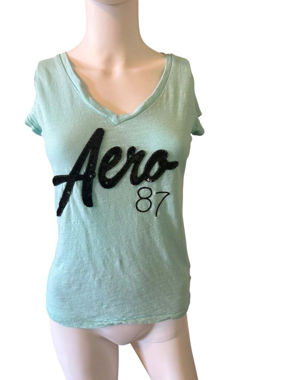 Aeropostale Mint Green V-Neck T-Shirt with Black Sequin 'Aero 87' Logo